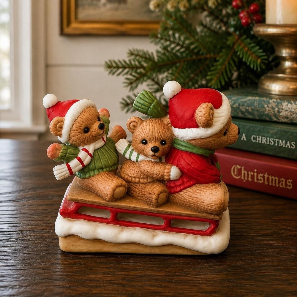 Vintage HOMCO 5306 Christmas Bears on Sled Figurine - Taiwan Porcelain Bisque